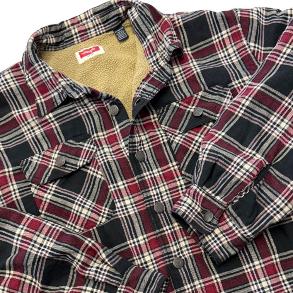 Wrangler Sherpa Lined Plaid Flannel Shirt Jacket Men XL Red Black White Gorpcore